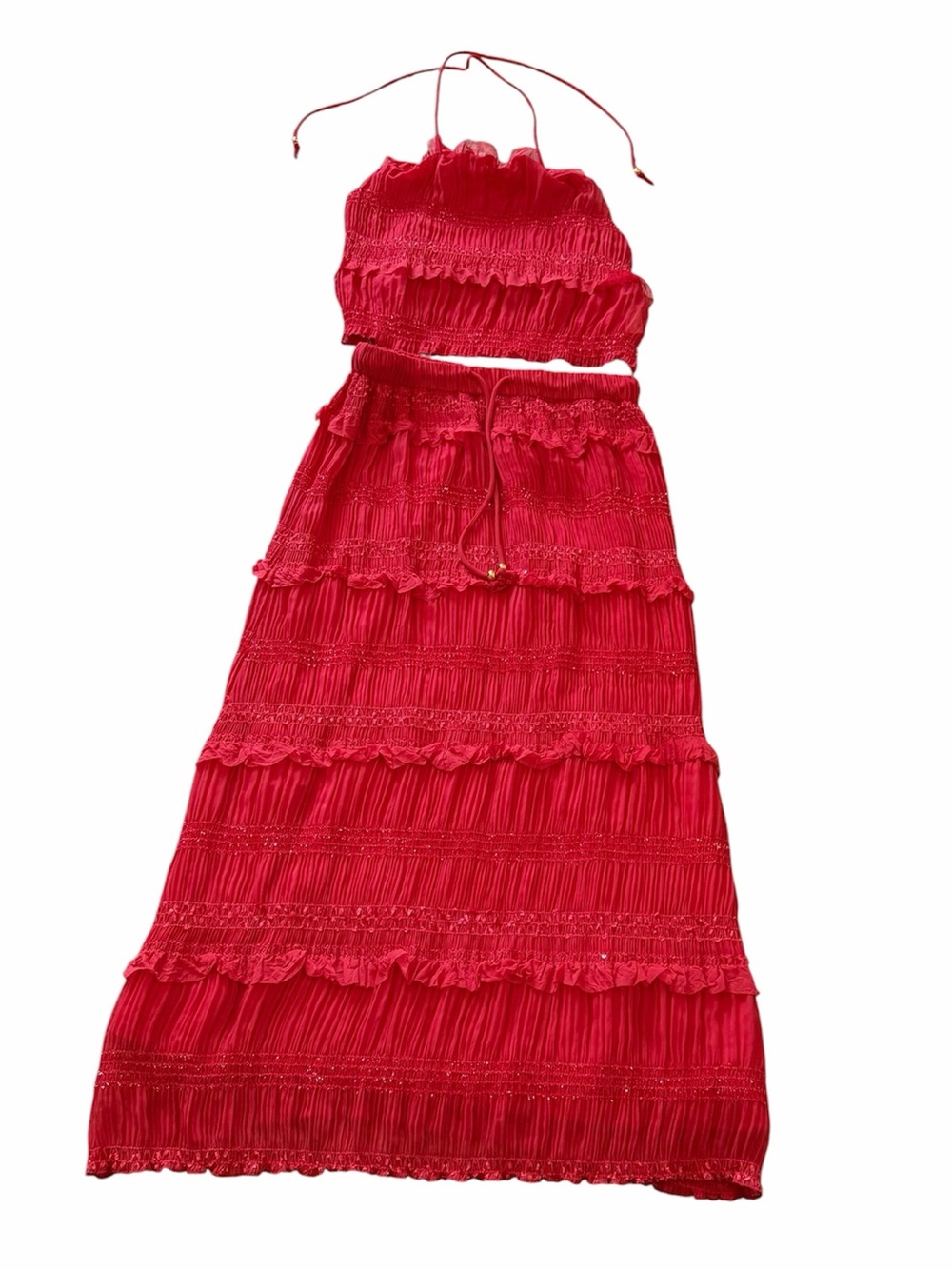 Girls' Red Smocked Tiered Halter Maxi Skirt Set